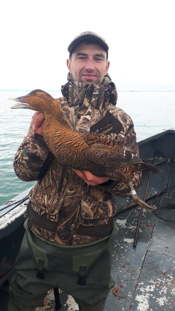 Chasseur en camouflage tenant un canard de mer capturé lors d’une sortie guidée en bateau