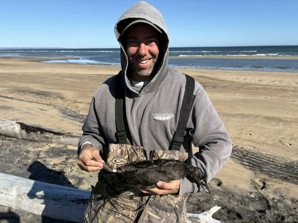 Chasseur souriant sur la plage tenant un canard de mer portant une bague de recherche